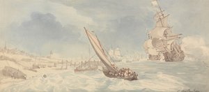 Okręty wojenne i łodzie żaglowe w pobliżu brzegu autorstwa Thomas Rowlandson