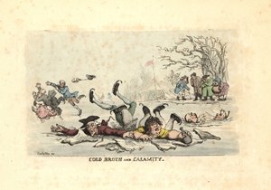 Mężczyźni i kobiety jeżdżący na łyżwach po cienkim lodzie i wpadający w lodowate ri autorstwa Thomas Rowlandson
