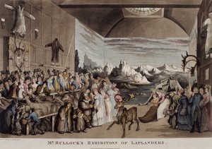 Wystawa Lapończyków pana Bullocka w Egyptian Hall, Piccadilly, 1822 (akwatinta) autorstwa Thomas Rowlandson