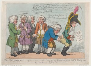 Drzemka Buonaparte w gorączce po otrzymaniu nadzwyczajnego dziennika Nelsona ..., 13 listopada 1805 r. autorstwa Thomas Rowlandson