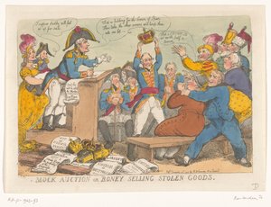 Napoleon sprzedaje skradzione towary, 1813 Aukcja pozorna lub Boney sprzedająca skradzione towary (tytuł na przedmiocie) autorstwa Thomas Rowlandson