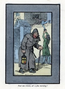Stróż nocny z latarnią i kijem, nieuważny na dwóch włamywaczy wchodzących do domu za nim (1819). Drzeworyt, oparty na obrazie Thomasa Rowlandsona (1756-1827), opublikowany w The Cris of London: z sześciorgiem uroczych dzieci i prawie 40 ilustrami autorstwa Thomas Rowlandson