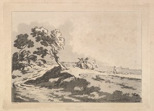 Otwarty krajobraz z trzema jeźdźcami na środkowym dystansie, w prawo, Windblo..., 1784-88. autorstwa Thomas Rowlandson