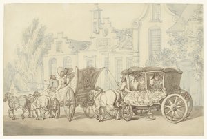 Otwarte auto wycieczkowe i bryczka na quasi-holenderskiej ulicy autorstwa Thomas Rowlandson