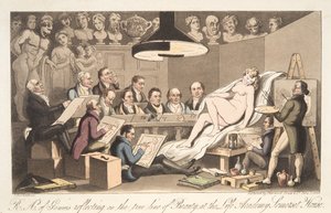 R---A---y od Geniusa, który zastanawia się nad prawdziwą linią Beauty at the Life Academy, Somerset House, z The English Spy, wyd. 1824 (grawerowanie ręcznie kolorowane) autorstwa Thomas Rowlandson