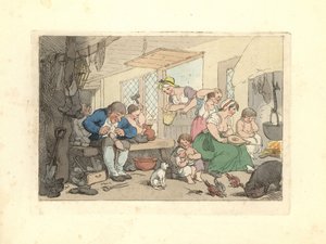 Regency szewc naprawia buty w zatłoczonym pokoju. autorstwa Thomas Rowlandson