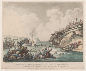 Próba inwazji francuskiej dokonanej przed inwalidami na wyspach ..., 18 maja 1798 r. autorstwa Thomas Rowlandson