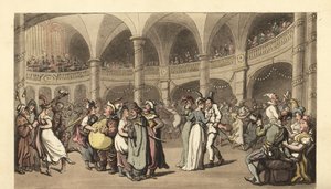 Biesiadnicy w kostiumach na balu maskowym w dużym teatrze autorstwa Thomas Rowlandson