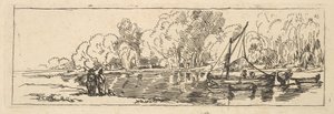 Scena nad rzeką lub stawem: żaglówka i ponton z postaciami na najbliższym brzegu autorstwa Thomas Rowlandson