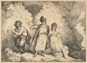 Scena z Burzy: Kaliban, Prospero i Miranda, [1783-87] wznowiona 1801. autorstwa Thomas Rowlandson