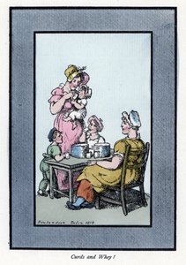 Siedząca kobieta sprzedająca przepiórcze mleko i mleko ma matkę i dzieci (1819). Drzeworyt, oparty na obrazie Thomasa Rowlandsona (1756-1827), opublikowany w The Cris of London: z sześciorgiem uroczych dzieci i prawie 40 ilustracjami, Andrew Tuer, Field autorstwa Thomas Rowlandson
