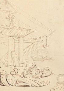 Szkic przedstawiający kobietę i dzieci siedzące na nabrzeżu autorstwa Thomas Rowlandson