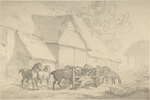 Stajnia z końmi autorstwa Thomas Rowlandson