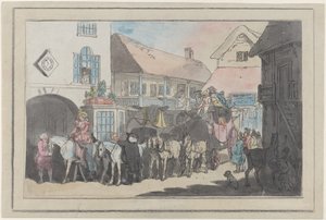 Dyliżans i jeźdźcy na podwórku gospody, przygotowania do odjazdu, 1789-95., 1789-95. autorstwa Thomas Rowlandson