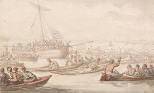Coroczny wyścig rumplowania o płaszcz i odznakę Doggetta autorstwa Thomas Rowlandson