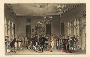 Sala Balowa: modni turyści tańczący w Scarborough Assembly Rooms. Każdy dżentelmen, który tańczy, płaci 2 pensy, a każda pani, która pije herbatę płaci 1 s. Ręcznie barwiony miedzioryt autorstwa Thomasa Rowlandsona według szkicu J. Greena z Poetical Sketch autorstwa Thomas Rowlandson