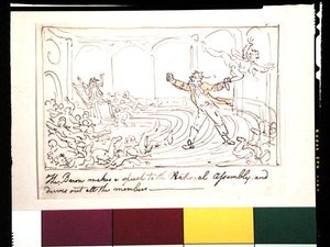 Baron wygłasza przemówienie do Zgromadzenia Narodowego i wypędza wszystkich członków (pióro i atrament oraz akwarela na papierze) autorstwa Thomas Rowlandson