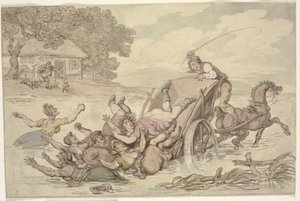 „Carter and the Cygans”: Wózek przewrócił się w strumieniu, wrzucając do wody grupę kobiet autorstwa Thomas Rowlandson