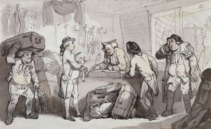 Biuro rezerwacji autokarów: Thomas Rowlandson i Henry Wigstead rezerwują swój przejazd, autorstwa Thomas Rowlandson