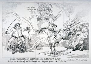 „Koń hanowerski i lew brytyjski”, 1784 autorstwa Thomas Rowlandson