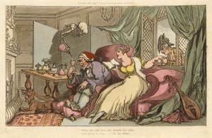 Miesiąc miodowy, z angielskiego tańca śmierci, wyd. 1816 (grawerowanie ręcznie kolorowane) autorstwa Thomas Rowlandson