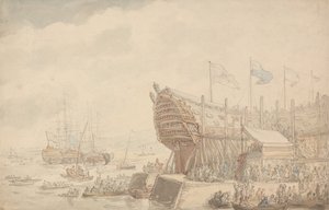 Uruchomienie H.M.S. Hibernia 1804 autorstwa Thomas Rowlandson