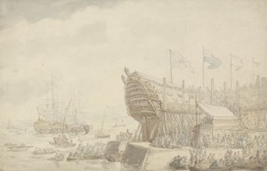 Uruchomienie H.M.S. „Hibernia” w Devonport, ok.1804 (pióro i atrament i akwarela na papierze) autorstwa Thomas Rowlandson