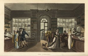 Biblioteka. Klienci, w tym kobieta i jej czarna służąca, przeglądają nowe książki w krążącej bibliotece (być może u Ainswortha, Sauma lub Whitinga). Ręcznie barwiony miedzioryt autorstwa Thomasa Rowlandsona według szkicu J. Greena z Poetical S autorstwa Thomas Rowlandson