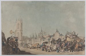 „Overdrove Ox” (Szalony byk na moście Westminster Bridge) autorstwa Thomas Rowlandson