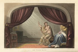Ciepła kąpiel: naga kobieta kąpiąca się za zasłonami w pokoju Regency. Mówi się, że to portret Mary Robinson, kochanki króla Jerzego IV. Ręcznie barwiony miedzioryt autorstwa Thomasa Rowlandsona, akwatinta J. Blucka, według szkicu J. Greena z P autorstwa Thomas Rowlandson