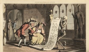 Szkielet Śmierć ze swoją klepsydrą pokazuje tablicę genealogiczną dwóm starszym arystokratycznym Geneologom w pokoju z tarczami heraldycznymi i zbrojami. Ręcznie kolorowany miedzioryt rysowany i grawerowany przez Thomasa Rowlandsona z Angielskiego tańca śm autorstwa Thomas Rowlandson