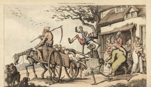 Szkielet Śmierci i starca Nadszedł czas, by zabrać starego męża Goody Barton, ale wóz jest już zbyt pełen trupów. Ręcznie kolorowany miedzioryt rysowany i grawerowany przez Thomasa Rowlandsona z angielskiego tańca śmierci, Ackermann, Londyn autorstwa Thomas Rowlandson