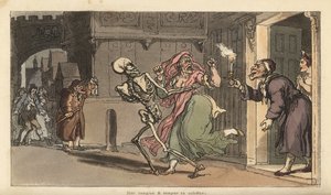 Szkielet Śmierci unosi Virago z domu, na co patrzy nocny stróż z latarnią. Ręcznie kolorowany miedzioryt narysowany i grawerowany przez Thomasa Rowlandsona z The English Dance of Death, Ackermann, Londyn autorstwa Thomas Rowlandson