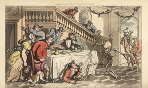 Szkielet Śmierci przychodzi po Łowcy, który chowa się pod stołem po polowaniu na lisa. Ręcznie kolorowany miedzioryt narysowany i grawerowany przez Thomasa Rowlandsona z The English Dance of Death, Ackermann, Londyn autorstwa Thomas Rowlandson