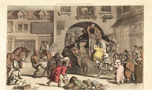 Szkielet Śmierci pomaga dużej matronie wejść na fatalny Ostatni Etap. Ręcznie kolorowany miedzioryt narysowany i grawerowany przez Thomasa Rowlandsona z The English Dance of Death, Ackermann, Londyn autorstwa Thomas Rowlandson