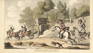 Szkielet Śmierci dołącza do zirytowanego ojca, który próbuje powstrzymać jego jedyną córkę przed ucieczką z żołnierzem dyliżansem do Gretna Green. Ręcznie kolorowany miedzioryt narysowany i grawerowany przez Thomasa Rowlandsona z The English Dance of Death autorstwa Thomas Rowlandson