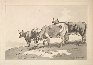 Trzy krowy stojące na grzbiecie pola, 1784-87. autorstwa Thomas Rowlandson