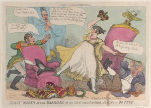 Trzy tygodnie po ślubie, czyli Wielki Mały Cesarz bawiący się w Bo-Peep, 15 maja..., 15 maja 1810. autorstwa Thomas Rowlandson