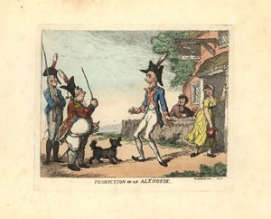 Trzech żołnierzy w mundurach paraduje przed tawerną. autorstwa Thomas Rowlandson