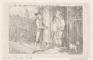 Tom Jones odmówił przyjęcia przez portiera szlachcica, z Historii Toma Jonesa, a F..., 1792. autorstwa Thomas Rowlandson