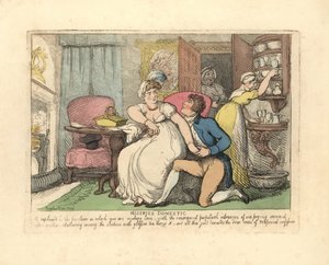 Dwoje kochanków w salonie niepokojonym przez wścibskie pokojówki. autorstwa Thomas Rowlandson