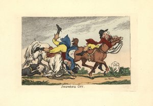 Dwóch mężczyzn spadających z koni po pokazie. Popisywać się. autorstwa Thomas Rowlandson