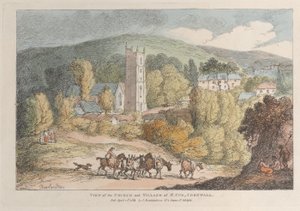Widok kościoła i wioski St. Cue, Kornwalia, z Widoków w Kornwalii, A..., 12 kwietnia 1812 r. autorstwa Thomas Rowlandson