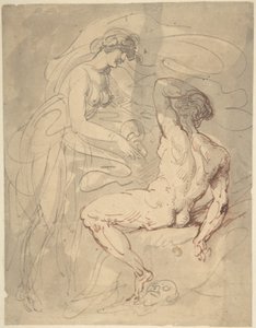 Kobieta rozmawiająca z siedzącym nagim mężczyzną autorstwa Thomas Rowlandson