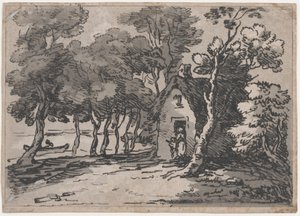 Scena zalesiona z figurami przy drzwiach chaty, 1783-88., 1783-88. autorstwa Thomas Rowlandson