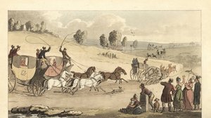 Młodzi angielscy dżentelmeni ścigający się powozami czterokonnymi po drodze autorstwa Thomas Rowlandson