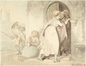 Młoda kobieta przy drzwiach kościoła lub w konfesjonale autorstwa Thomas Rowlandson