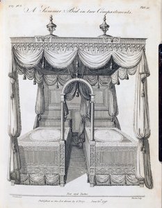 Łóżko letnie w dwóch przedziałach: płyta 41, z „Książki rysunkowej Stolarz i tapicer” Thomasa Sheratona, cz. III, wyd. G. Terry, czerwiec 1793 (druk czarno-biały) autorstwa Thomas Sheraton