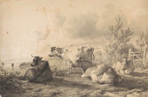 Bydło leżące przy ogrodzeniu autorstwa Thomas Sidney Cooper