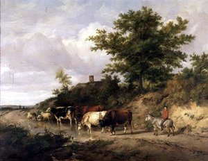 Zalesiony krajobraz z chłopcem na osiołku i bydłem przy brodzie autorstwa Thomas Sidney Cooper